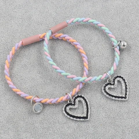 Magnetic Braided Rope Bracelet Set Heart Star Butterfly Cross Rose Alloy Rhinestone Adjustable Friendship Couple Jewelry