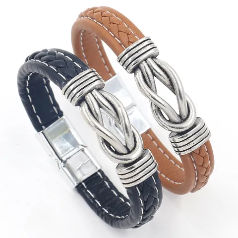 Men's Retro Braided PU Leather Bracelet Infinity Knot Alloy Charm Magnetic Clasp Punk Wristband Fashion Jewelry Gift