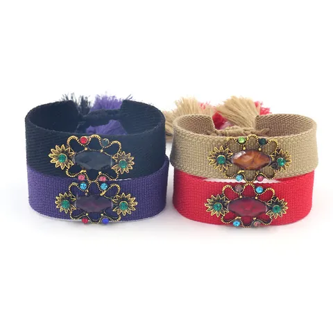 Boheems Paleisstijl Geweven Kwastje Armband Voor Vrouwen Legering Hars Edelsteen Strass Etnisch Vintage Bloem Sieraden Accessoire