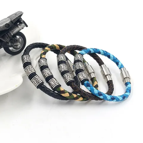 Herren Geflochtenes Rindsleder Armband Legierung Griechischer Schlüssel Muster Meander Magnetverschluss Retro Biker Mode Armband
