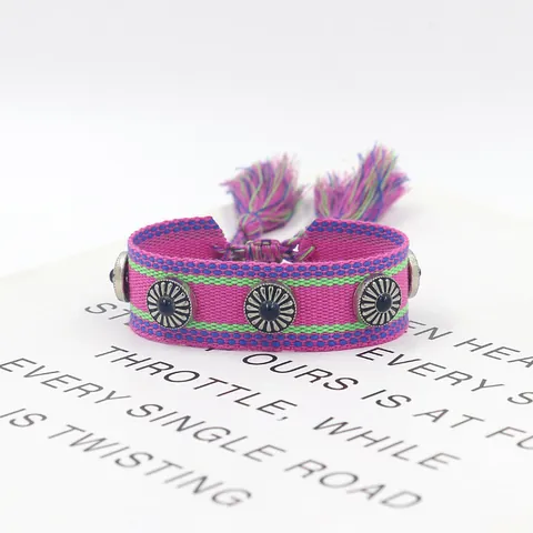 Boheems Handgeweven Kwastje Armband Met Legering Klinknagel Ingelegde Turkoois Stenen Verstelbaar Etnische Stijl Sieraden