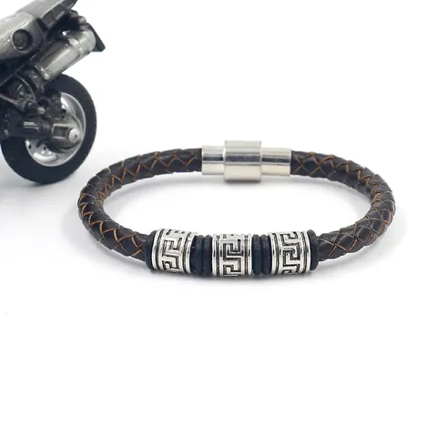 Herren Geflochtenes Rindsleder Armband Legierung Griechischer Schlüssel Muster Meander Magnetverschluss Retro Biker Mode Armband