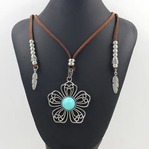 Bohemian Ethnic Hollow Out Flower Butterfly Heart Leaf Pendant Necklace Vintage Alloy Synthetic Turquoise Long Faux Leather Cord Feather Tassel Necklace For Women Jewelry