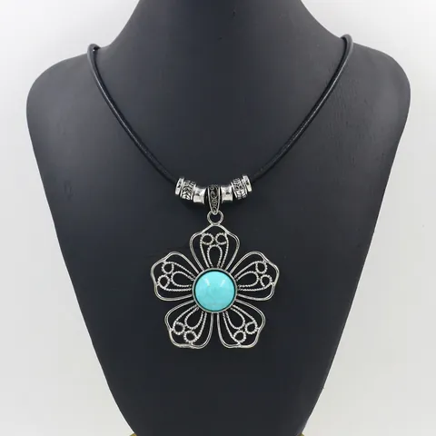 Boheems Vintage Legering Antiek Zilver Grote Bloem Vlinder Blad Hanger Ketting Turkoois Hars Zwart Leren Touw Sieraden
