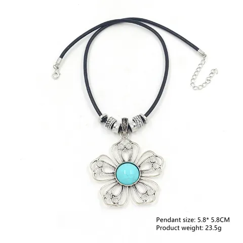 Boheems Vintage Legering Antiek Zilver Grote Bloem Vlinder Blad Hanger Ketting Turkoois Hars Zwart Leren Touw Sieraden