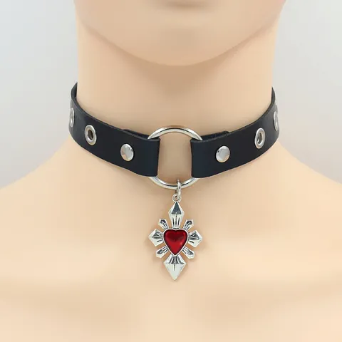 Punk Gothic PU Leather Choker Necklace Alloy Heart Cross Pendant Adjustable Rivet O-Ring Collar Jewelry For Women