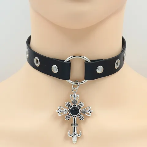 Punk Gothic PU Leather Choker Necklace For Women Silver Rivet Metal Ring Cross Pendant Adjustable Neck Ring Jewelry Gift