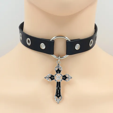 Gothic Punk PU Leather Choker Necklace For Women Alloy Hollow Cross Pendant O-Ring Rivet Adjustable Neck Chain Party Jewelry