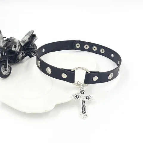 Gothic Punk PU Leather Choker Necklace For Women Alloy Hollow Cross Pendant O-Ring Rivet Adjustable Neck Chain Party Jewelry
