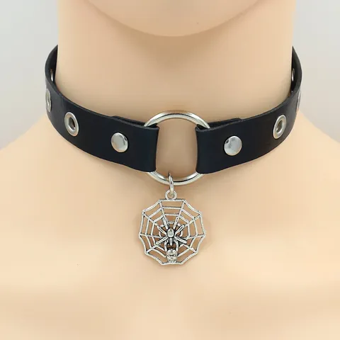 Gothic Punk PU Leather Choker Necklace Alloy Spider Web Crown Pentagram Pendant Adjustable O-Ring Women Party Jewelry Neckband