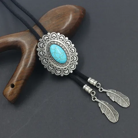Vintage Men Western Cowboy Bolo Tie Antique Silver Alloy Pendant Necklace With Faux Turquoise Resin Stone And Feather Charms
