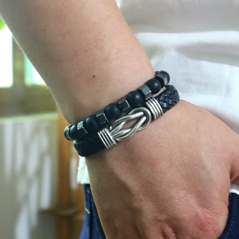 Heren Retro Mat Kralen Hematiet Elastische Armband Kunstleer Gevlochten Wikkelarmband Set Gepersonaliseerde Sieraden
