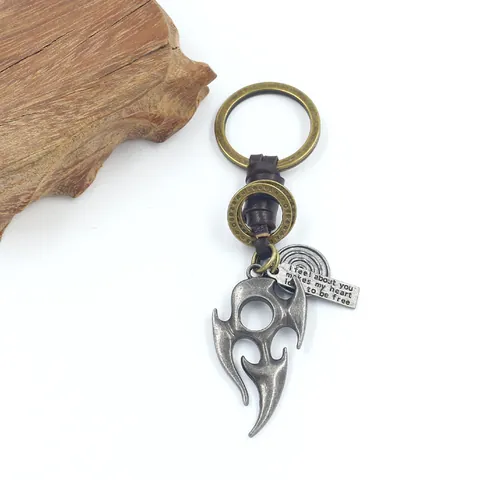 Vintage Alloy Flame Totem Pendant Cowhide Braided Leather Keychain Retro Punk Metal Key Ring For Men Women Gift Jewelry