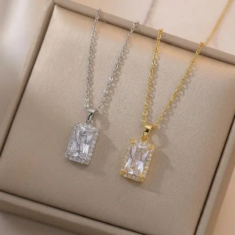 Trendy Rechthoekige Zirkoon Hanger Ketting Voor Vrouwen Elegante Titanium Staal Halo Geometrische Emerald Cut Sieraden