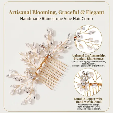 Pettine per Capelli da Sposa Francese Vintage Fatto a Mano in Perle Artificiali e Strass Oro Argento Filo di Rame Fermaglio
