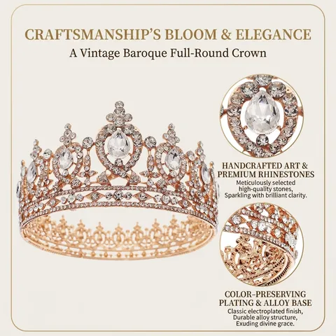 Baroque Bridal Crown Full Round Alloy Rhinestone Tiara For Wedding Birthday Party Retro Sparkling Headpiece For Women