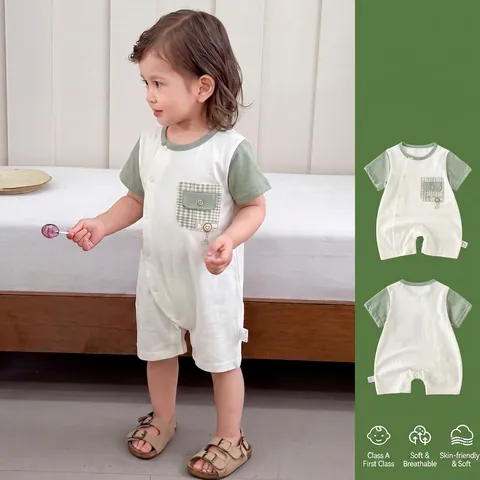 Zomer Baby Katoen Korte Mouw Boxpakje Leuke Cartoon Kleurblok Geruite Zak Jumpsuit Voor Pasgeborenen Peuters Jongens Meisjes