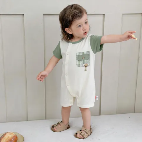 Zomer Baby Katoen Korte Mouw Boxpakje Leuke Cartoon Kleurblok Geruite Zak Jumpsuit Voor Pasgeborenen Peuters Jongens Meisjes