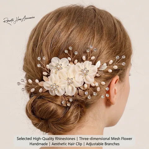Handgefertigte Braut Blumen Haarspange Mit Strass Und Künstlichen Perlen Elegante Goldene Blumen Clip Hochzeit Schmuck