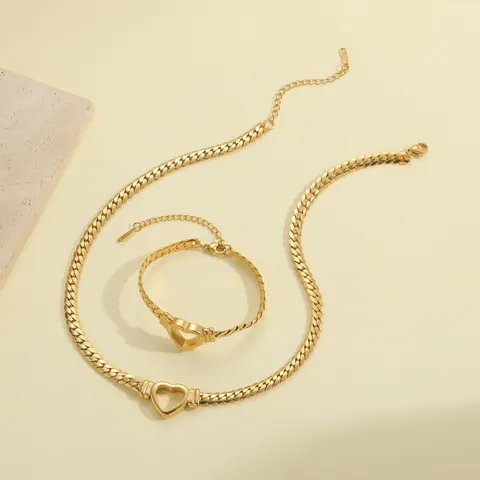 Collier Bracelet Tendance en Acier Inoxydable Cœur Creux pour Femmes Hip Hop Chaîne Gourmette Or Argent Plaqué Bijoux de Mode