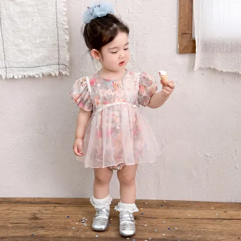 Baby Meisjes Zomer Bloemen Kruippakje Jurk Prinses Perzik Tule Katoen Jumpsuit Pofmouwen Kant Kruippakje