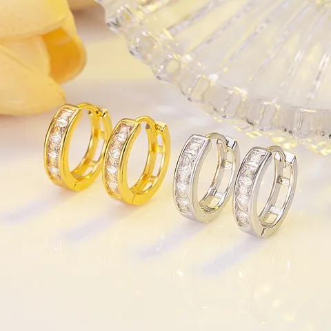 Elegant Copper Huggie Hoop Earrings For Women Gold Silver Plated Square Cut Colorful White Rhinestone Geometric Jewelry