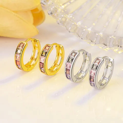 Elegant Copper Huggie Hoop Earrings For Women Gold Silver Plated Square Cut Colorful White Rhinestone Geometric Jewelry