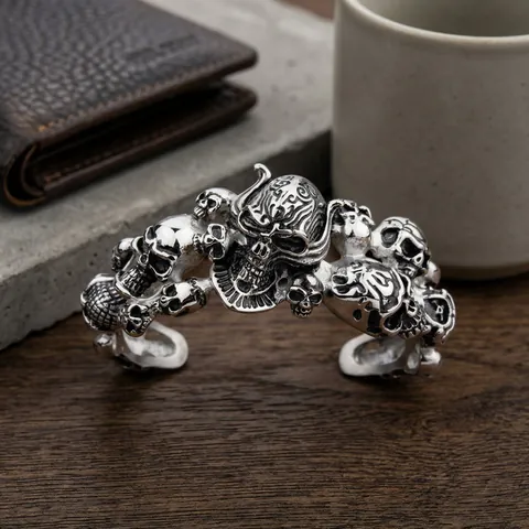 Totenkopf Armreif Herren Edelstahl Punk Gothic Vintage Oxidierter Metall Schmuck Hypoallergen Hip Hop