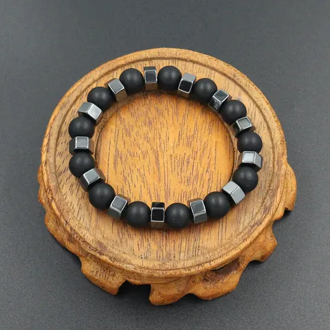 Heren Retro Mat Kralen Hematiet Elastische Armband Kunstleer Gevlochten Wikkelarmband Set Gepersonaliseerde Sieraden