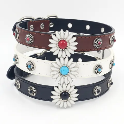 Vintage PU Leather Choker Necklace Alloy Daisy Flower Turquoise Studded Rivets Punk Gothic Adjustable Neck Strap For Women