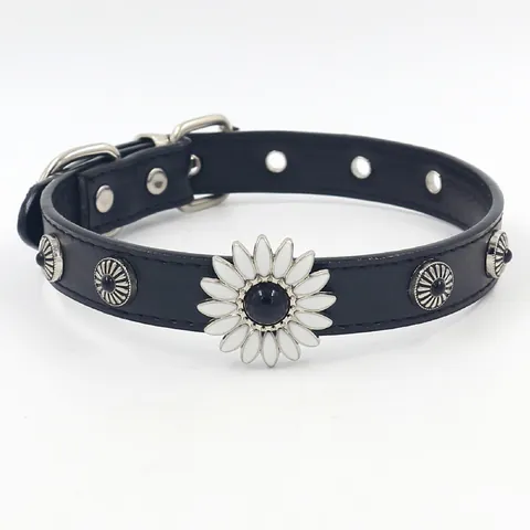Vintage PU Leather Choker Necklace Alloy Daisy Flower Turquoise Studded Rivets Punk Gothic Adjustable Neck Strap For Women