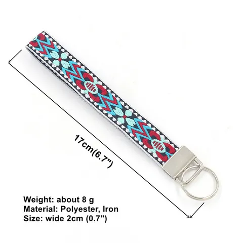 Ethnic Geometric Embroidery Webbing Keychain Wristlet Bohemian Diamond Pattern Polyester Metal Key Ring Bag Charm For Women