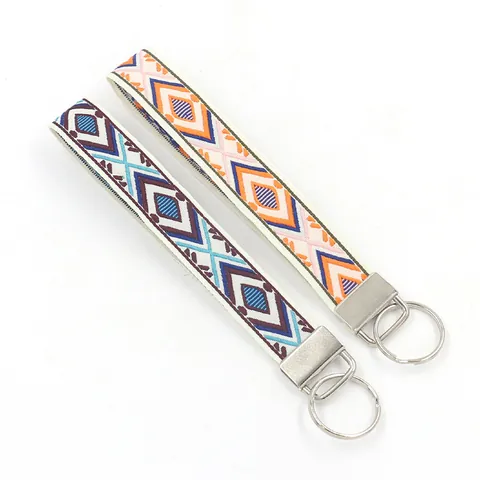 Ethnic Geometric Embroidery Webbing Keychain Wristlet Bohemian Diamond Pattern Polyester Metal Key Ring Bag Charm For Women
