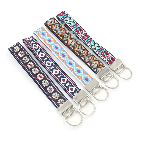 Ethnic Embroidery Wristlet Keychain Bohemian Geometric Floral Polyester Strap Wristband Handmade Key Ring Bag Pendant