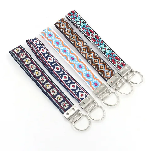 Ethnic Embroidery Wristlet Keychain Bohemian Geometric Floral Polyester Strap Wristband Handmade Key Ring Bag Pendant