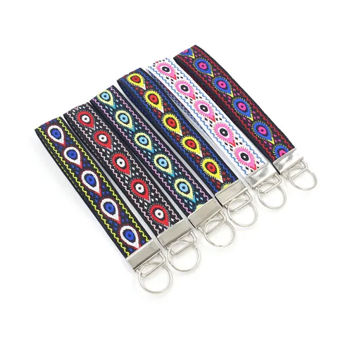 Ethno Bestickter Schlüsselanhänger Armband Polyester Gurtband Pfauenfeder Muster Schlüsselring Tasche Charme Schmuck Für Damen Herren