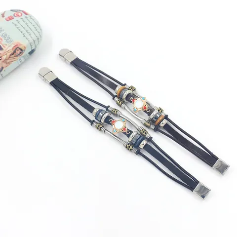 Vintage Ethnic Multilayer Leather Bracelet Alloy Inlaid Synthetic Stone Stainless Steel Buckle Bohemian Jewelry