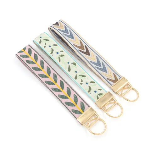 Bohemian Embroidered Lanyard Keychain Ethnic Floral Leaf Geometric Pattern Fabric Wristlet Strap Bag Charm Women Jewelry