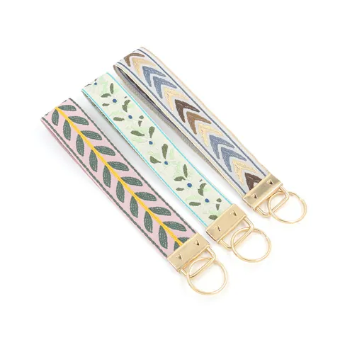 Bohemian Embroidered Lanyard Keychain Ethnic Floral Leaf Geometric Pattern Fabric Wristlet Strap Bag Charm Women Jewelry