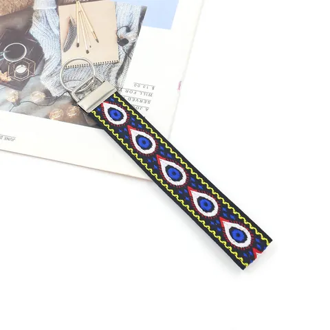 Ethno Bestickter Schlüsselanhänger Armband Polyester Gurtband Pfauenfeder Muster Schlüsselring Tasche Charme Schmuck Für Damen Herren