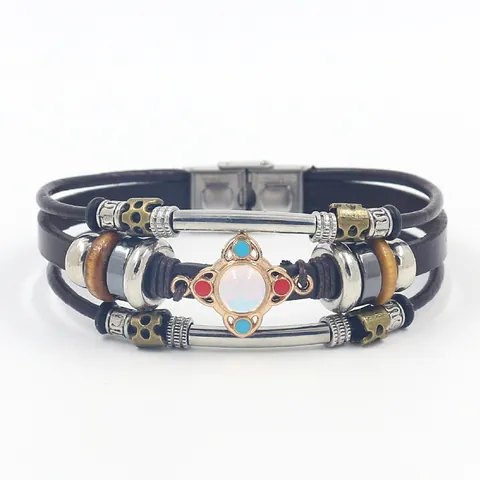 Vintage Ethnic Multilayer Leather Bracelet Alloy Inlaid Synthetic Stone Stainless Steel Buckle Bohemian Jewelry