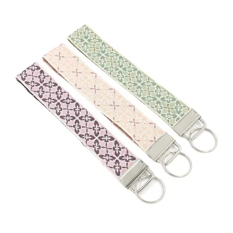 Boheemse Etnische Borduurwerk Pols Sleutelhanger Voor Vrouwen Polyester Geweven Band Geometrisch Bloemenpatroon Legering Sleutelring Tas Charm