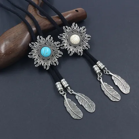 Vintage Western Cowboy Bolo Tie Sunflower Turquoise Pendant Alloy Feather Charms Braided Leather Rope Necklace For Men