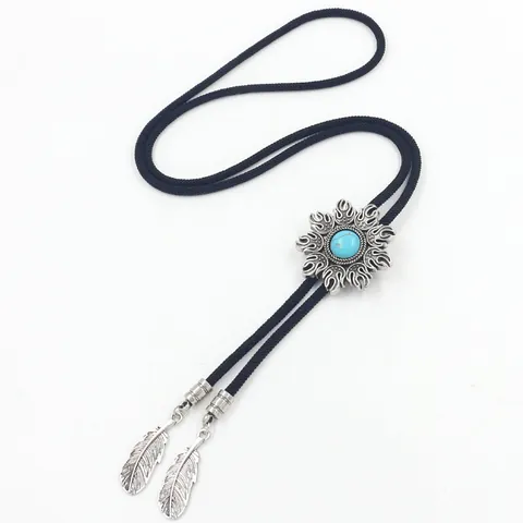 Vintage Western Cowboy Bolo Tie Sunflower Turquoise Pendant Alloy Feather Charms Braided Leather Rope Necklace For Men