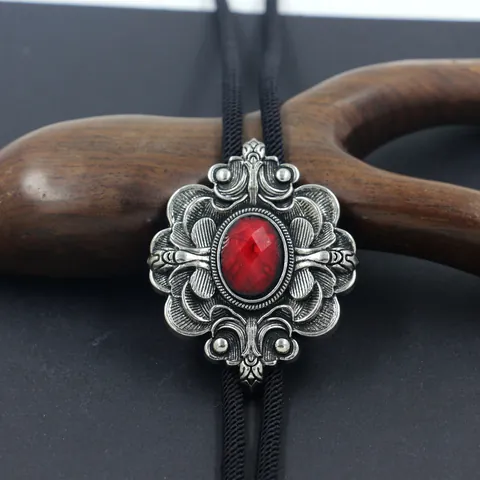 Vintage Western Cowboy Bolo Tie Legierung Blumenmuster Kunststein Anhänger Lange Satin Geflochtene Kordel Kette Für Herren Damen Schmuck