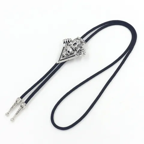 Vintage Men's Western Bolo Tie Alloy Bull Skull Saber-Toothed Tiger Skeleton Head Pendant Black Milan Braided Rope Necklace