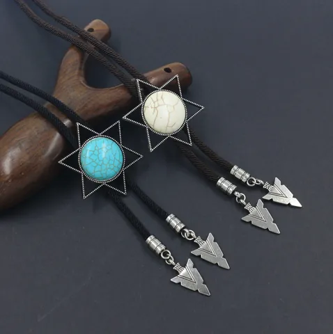 Vintage Western Cowboy Bolo Tie Legering Hexagram Ster Met Turkoois Tijgeroog Steen Heren Bruiloft Feest Stropdas Ketting Sieraden