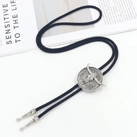 Vintage Western Bull Head Skull Bolo Tie For Men Alloy Pendant Black Braided Rope Necklace Retro Cowboy Accessory