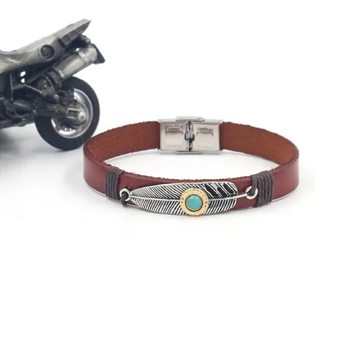Vintage Bohemian Feather Synthetic Turquoise Leather Bracelet Unisex Stainless Steel Clasp Ethnic Biker Jewelry