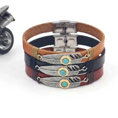 Vintage Bohemian Feather Synthetic Turquoise Leather Bracelet Unisex Stainless Steel Clasp Ethnic Biker Jewelry